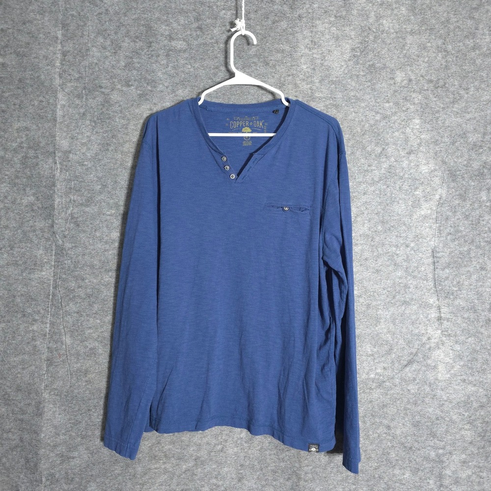 Copper & Oak Henley Shirt Mens XL Blue Long Sleeve Slub Cotton Pocket Casual